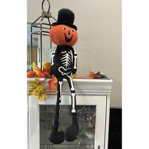Jack O Lantern Pumpkin Halloween Plush Shelf Sitter Doll Mantel Decor Dangle Leg